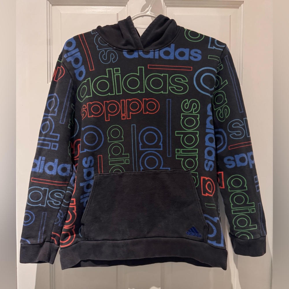Adidas Youth Boys All-Over Logo Print Hoodie – Size XL (18/20)